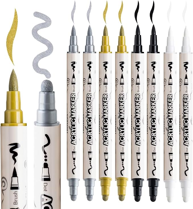 TRANSON 2 Gold, 2 Silver, 2 Black and 2 White Paint Markers Brush and Bold - Image 6