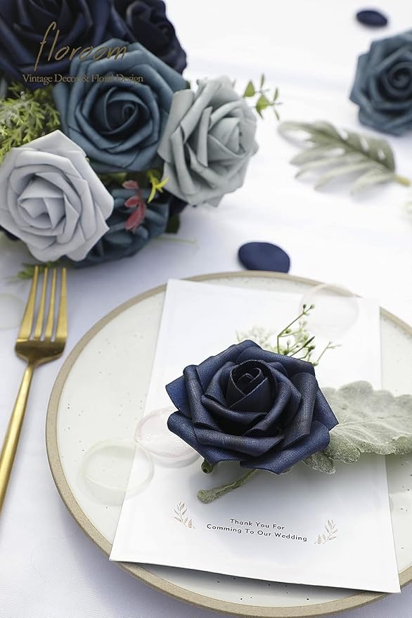 Floroom Artificial Flowers 25pcs Real Looking Blue Ombre Colors Foam Fake Roses - Image 6