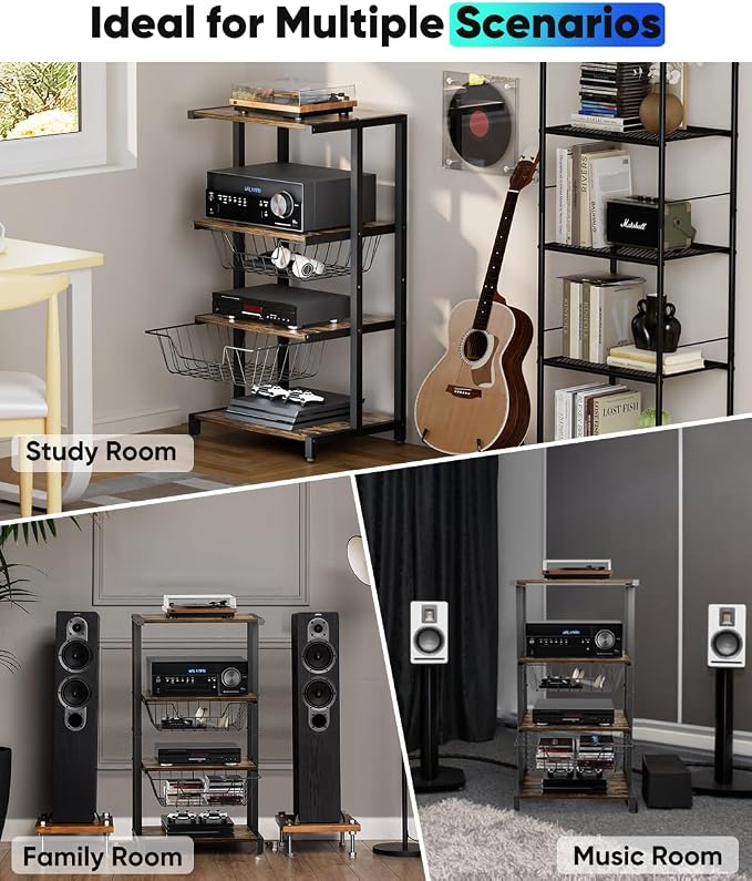 Media Stand with Two Detachable Baskets, 4-Tier AV Media Stand Corner Shelf - Image 7