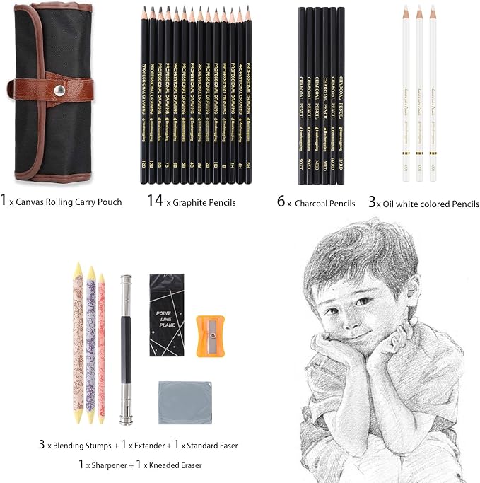 31 Drawing Sketching Pencils Kit, Portable Artist Supples Travel Case Set has - Image 7
