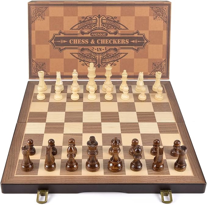AMEROUS Magnetic Wooden Chess and Checkers Game Set, 15 Inches Chess Board Games - Image 9