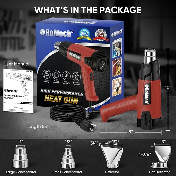 ROMECH 1500W Heavy Duty Heat Gun, Variable Temperature Control Hot Air Gun Kit - Image 7