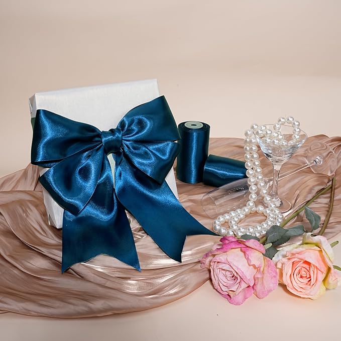 LaRibbons Navy Satin Ribbon 4 Inch 10 Yards Double Faced Luxury Dark Blue Silk - Image 6