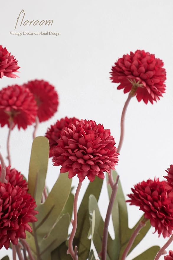 Floroom 5pcs Dark Red Faux Silk Mums Artificial Flowers, Bulk Fake Small Mini - Image 4