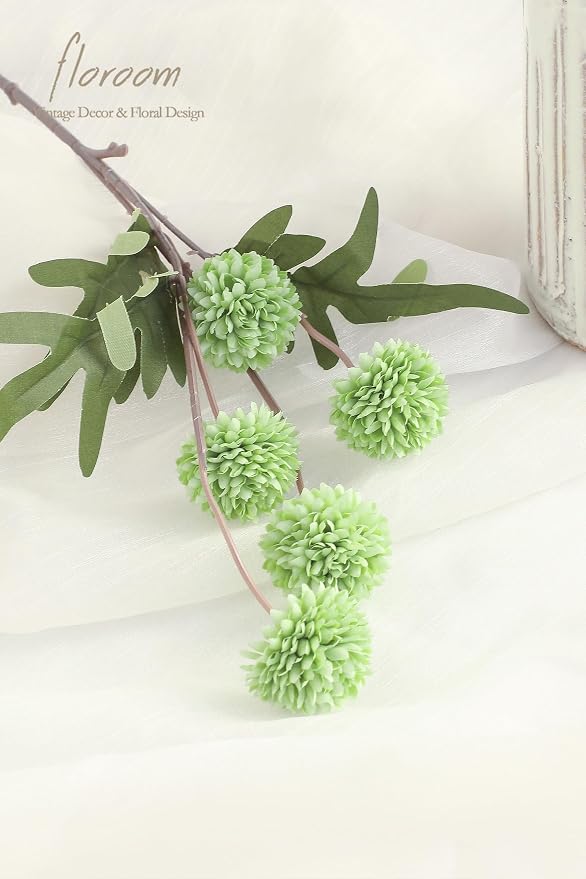 Floroom 5pcs Elf Green Faux Silk Mums Artificial Flowers, Bulk Fake Small Mini - Image 4