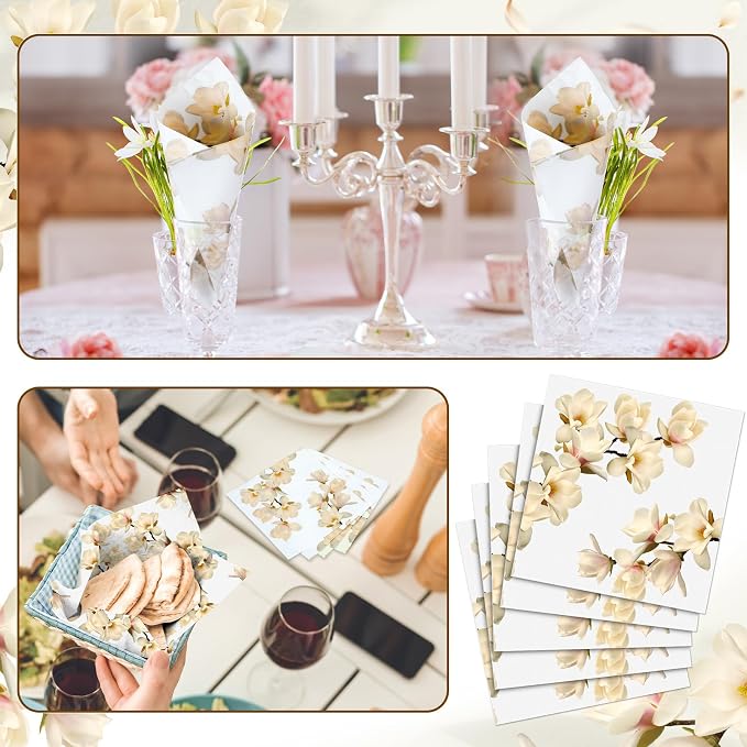 60 Pcs White Magnolia Floral Cocktail Paper Napkins 6.5 x 6.5 Inches Disposable - Image 6