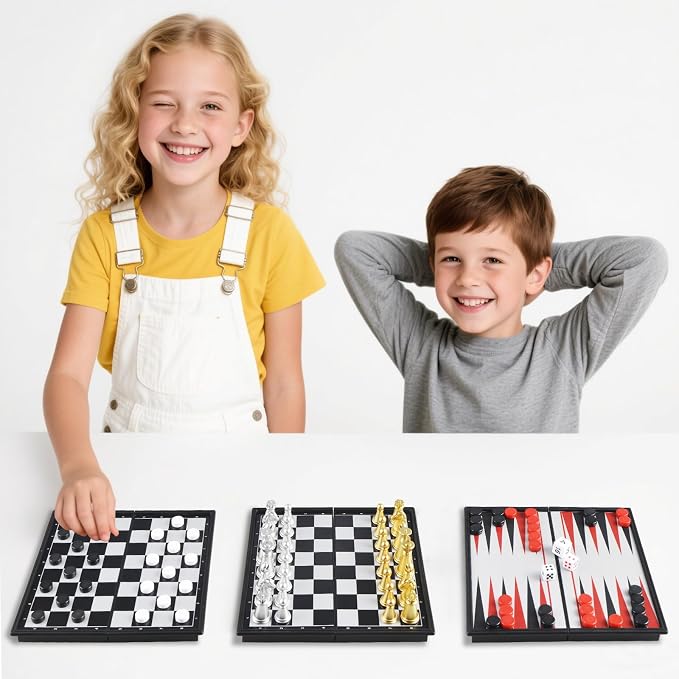 5'' Mini 3 in 1 Chess Checkers Backgammon Set Magnetic Folding Travel Chess - Image 8