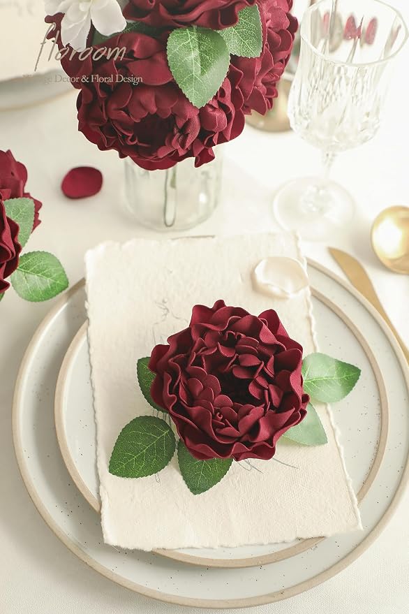Floroom Artificial Flowers 16pcs 4" Burgundy Blooming Peonies Real Looking Foam - Image 5