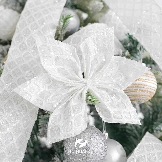 HUIHUANG White Glitter Wired Ribbon, 4 Inch x 30 Ft, Geometric Pattern - Image 7