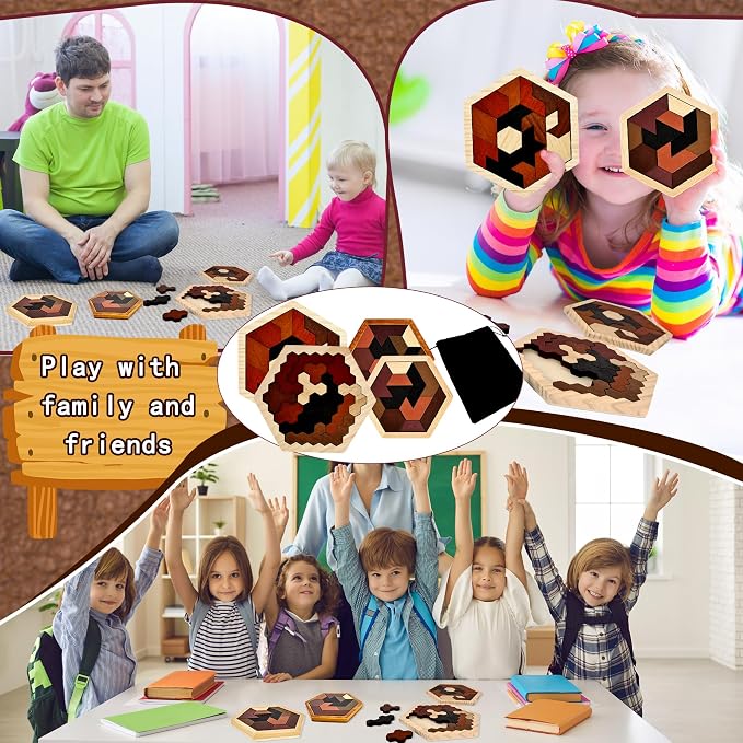 6 Pack Wooden Hexagon Tangram Puzzle Wood Tangram Block Puzzle Set - Image 7