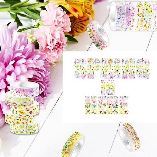 12 Rolls Spring Floral Washi Tape Set, Butterfly Tulip Flower Masking Tapes - Image 7