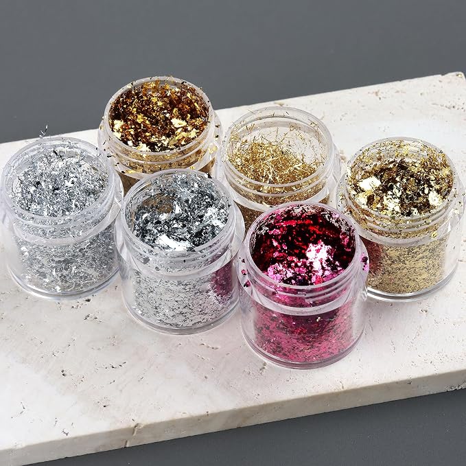 6 Bottles Holographic Nail Glitter Foils, Metallic Gold Silver Hot Pink - Image 7