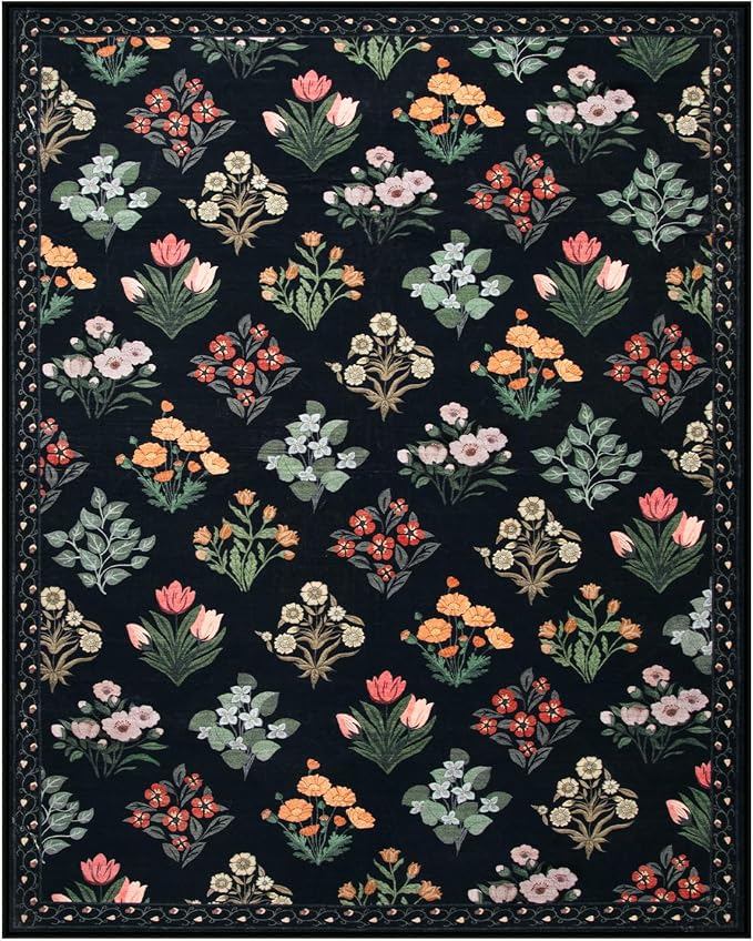 Wonnitar Floral Print 8x10 Washable Rug, Non Slip Black Dining Room Rug - Image 8