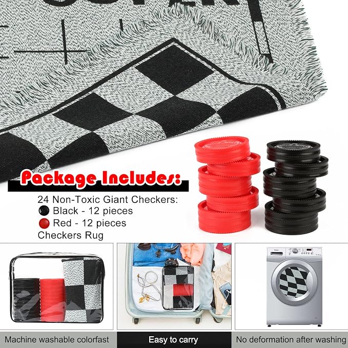 Giant Checkers Board Game Set, 3 in 1 Tic Tac Toe Board Draughts Reversible Rug - Image 7