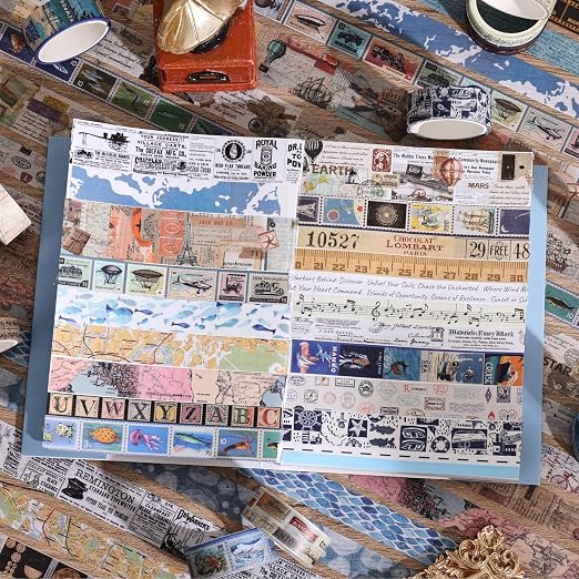 38 Rolls Vintage Washi Tape Set, Vintage Travel Stamp Map Scenery Art Letter - Image 7