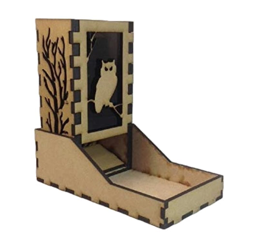 Owl Mini Dice Tower v1 Smoke Acrylic Window Laser Cut MDF Unique Gift by AtomicLaserCutDesigns