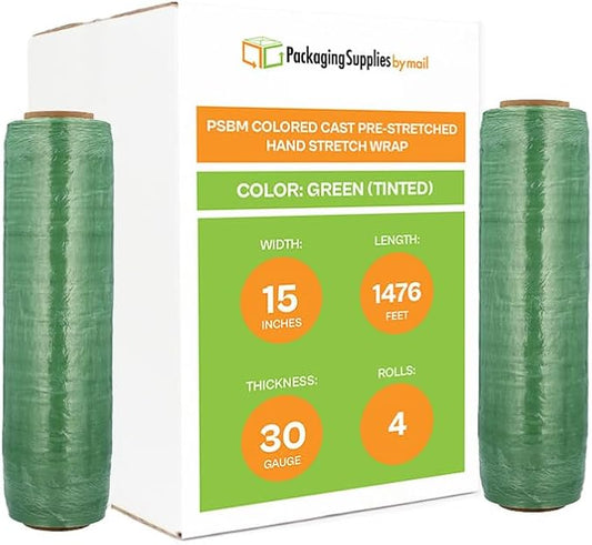 PSBM Green Stretch Wrap, 15 Inch x 1476 Feet, 4 Pack, Tinted Pre-Stretched by PackagingSuppliesbymail