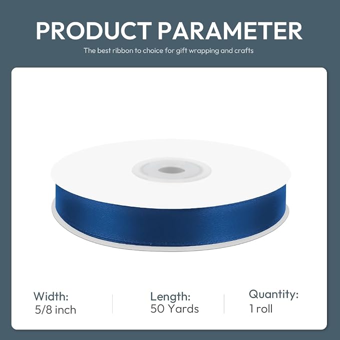 KMER LIFE 5/8" Wide x 50 Yards Navy Blue Polyester Satin Ribbon - Image 2