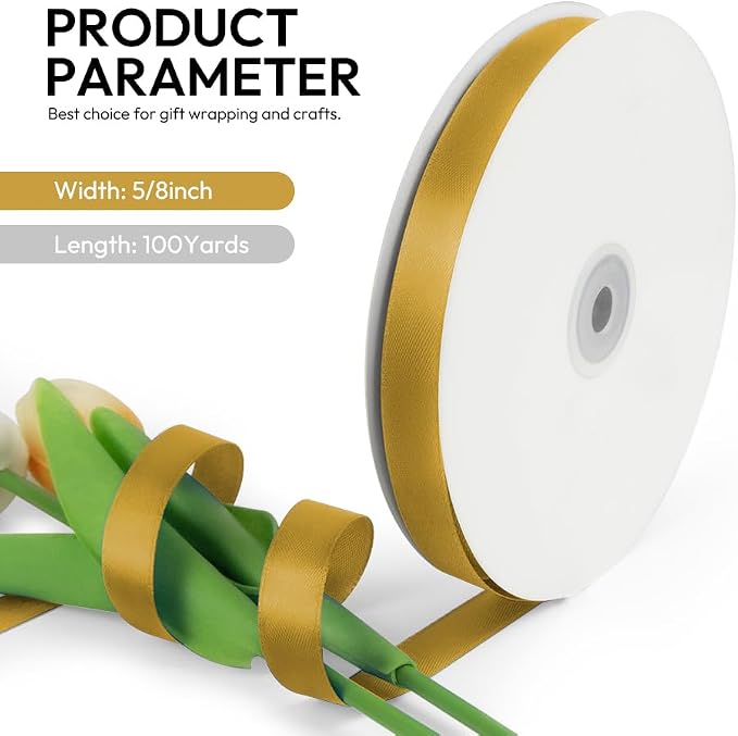 5/8 Inch 100 Yards Satin Ribbon Gold, Solid Color Fabric Ribbon - Image 2