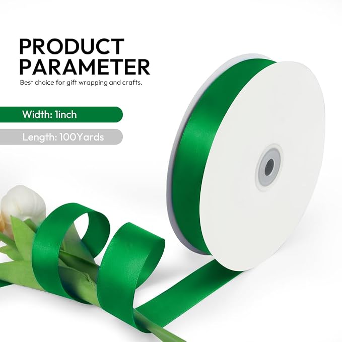 1 Inch 100 Yards Satin Ribbon Green, Solid Color Fabric Ribbon - Image 2