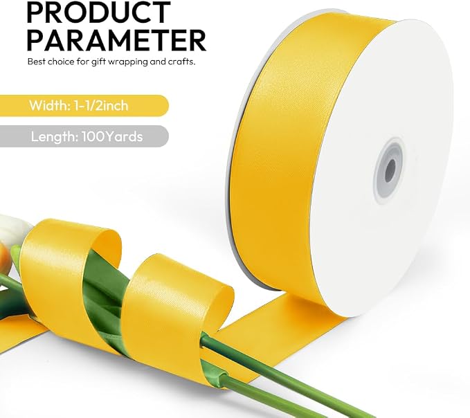 1-1/2 Inch 100 Yards Satin Ribbon Yellow, Solid Color Fabric Ribbon - Image 2