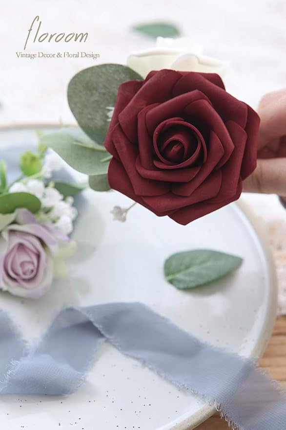 Floroom Artificial Flowers 50pcs Real Looking Burgundy Foam Fake Roses - Image 4