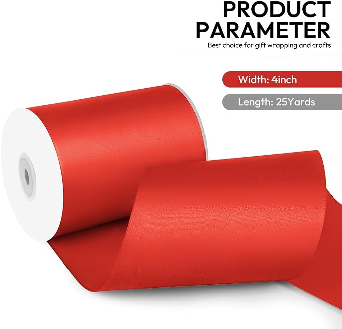 4 Inch 25 Yard Wide Satin Ribbon Red, Solid Fabric Large Ribbon Roll - Image 2