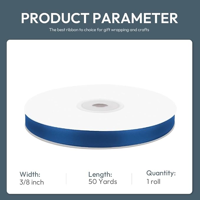 KMER LIFE 3/8" Wide x 50 Yards Navy Blue Single Faced Polyester Satin Ribbon - Image 2