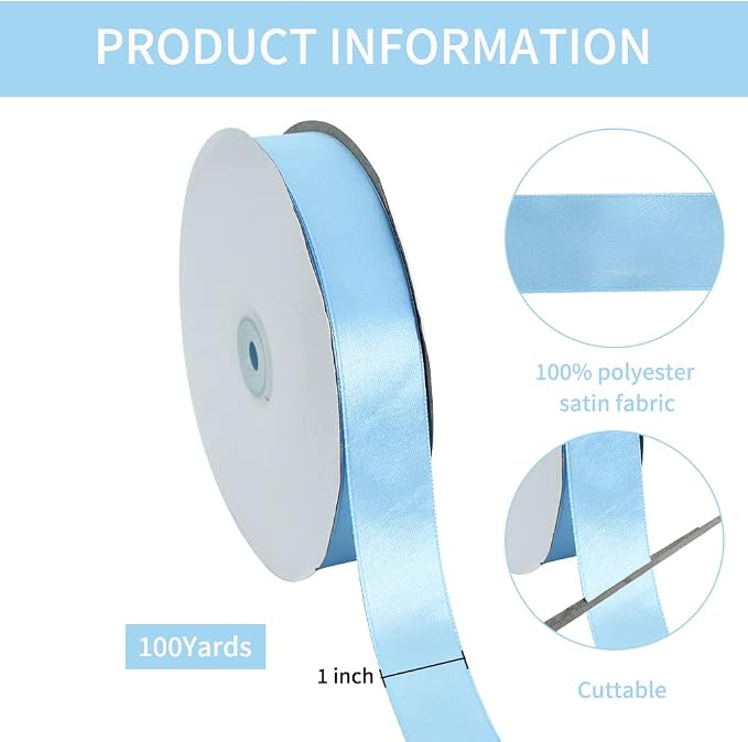 TONIFUL 1 Inch x 100yds Sky Blue Satin Ribbon, Thin Solid Color Satin Ribbon - Image 2