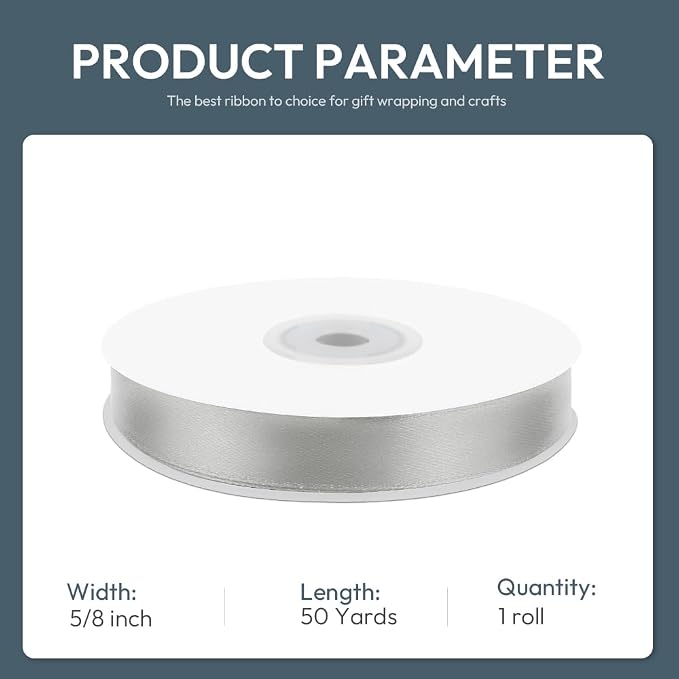 KMER LIFE 5/8" Wide x 50 Yards Silvery Single Faced Polyester Satin Ribbon - Image 2