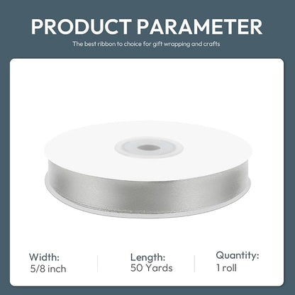 KMER LIFE 5/8" Wide x 50 Yards Silvery Single Faced Polyester Satin Ribbon - Image 2