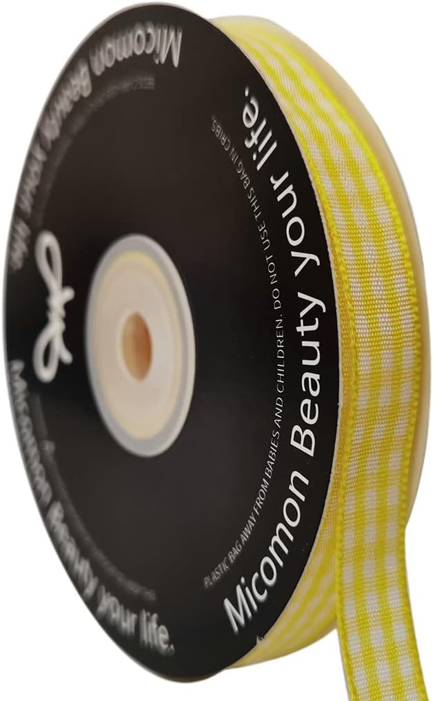 Yellow and White Gingham Plaid Checked Ribbon 25 Yards Per Roll Checkerd Craft by Micomon