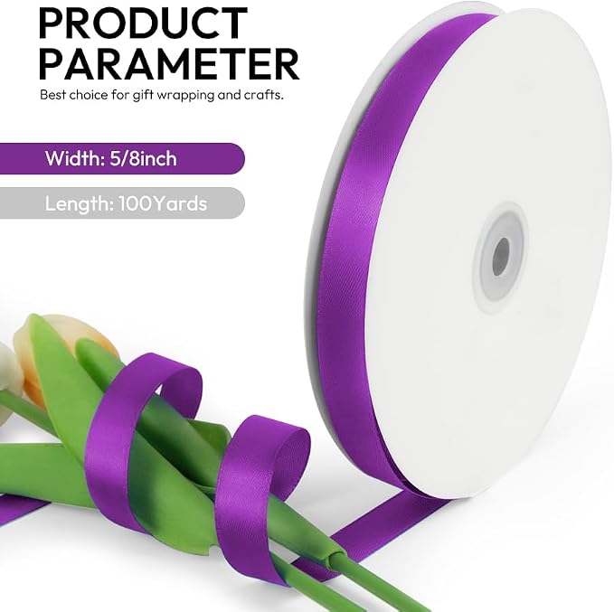 5/8 Inch 100 Yards Satin Ribbon Purple, Solid Color Fabric Ribbon - Image 2