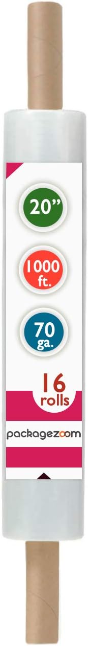 PackageZoom 20 inch x 1000 Feet Stretch Wrap Extended Core Handle, 16 Rolls by packagezoom