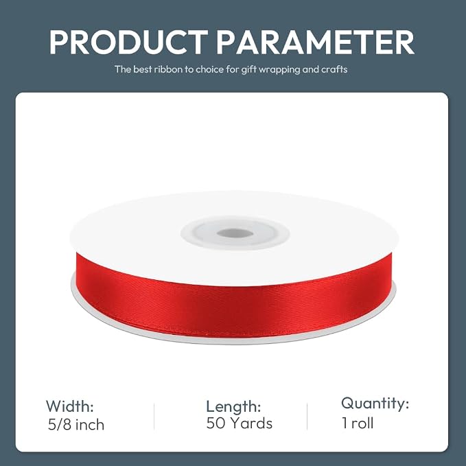 KMER LIFE 5/8" Wide x 50 Yards Red Single Faced Polyester Satin Ribbon - Image 2
