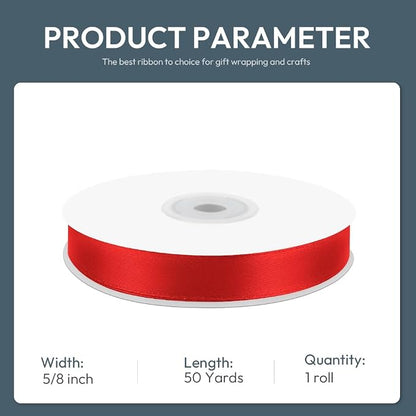 KMER LIFE 5/8" Wide x 50 Yards Red Single Faced Polyester Satin Ribbon - Image 2