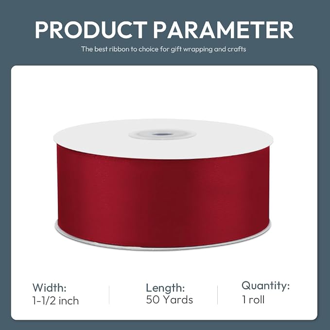 KMER LIFE 1-1/2" Wide x 50 Yards Wine Red Single Faced Polyester Satin Ribbon - Image 2