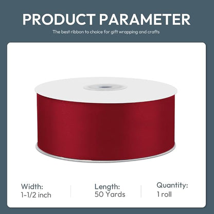 KMER LIFE 1-1/2" Wide x 50 Yards Wine Red Single Faced Polyester Satin Ribbon - Image 2