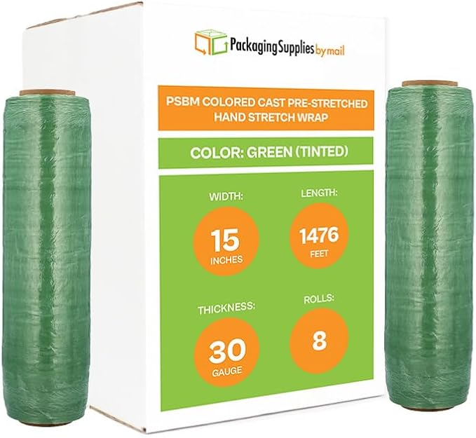 PSBM Green Stretch Wrap, 15 Inch x 1476 Feet, 8 Pack, Tinted Pre-Stretched by PackagingSuppliesbymail