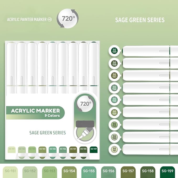 Water Based Acrylic Paint Markers Green, 9 Colors Acrylic Paint Pens Set - Image 2