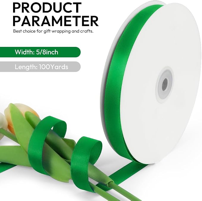 5/8 Inch 100 Yards Satin Ribbon Green, Solid Color Fabric Ribbon - Image 2