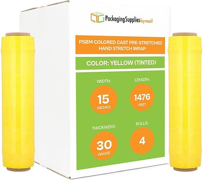 PSBM Yellow Stretch Wrap, 15 Inch x 1476 Feet, 4 Pack, Tinted Pre-Stretched by PackagingSuppliesbymail