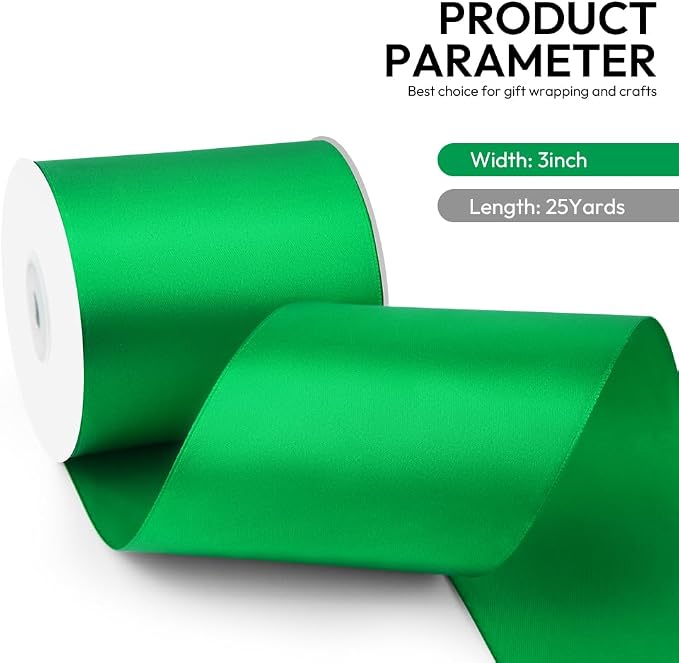 3 Inch 25 Yard Wide Satin Ribbon Green, Solid Fabric Large Ribbon Roll - Image 2