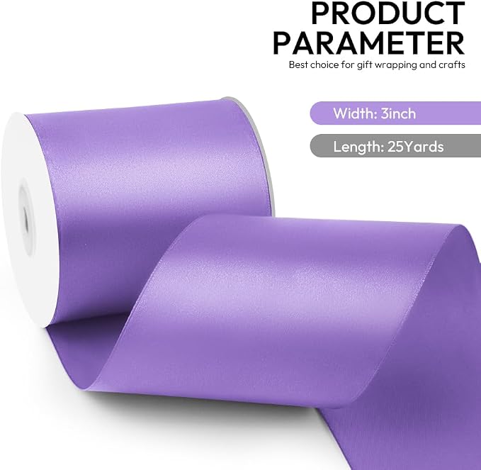 3 Inch 25 Yard Wide Satin Ribbon Light Purple, Solid Fabric Large Ribbon Roll - Image 2