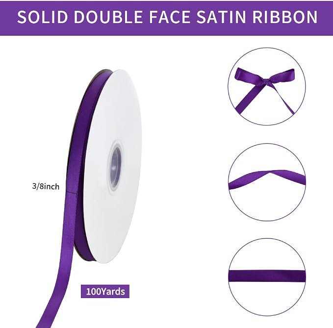 TONIFUL 3/8 Inch x 100yds Purple Satin Ribbon Thin Solid Fabric Ribbons Roll - Image 2