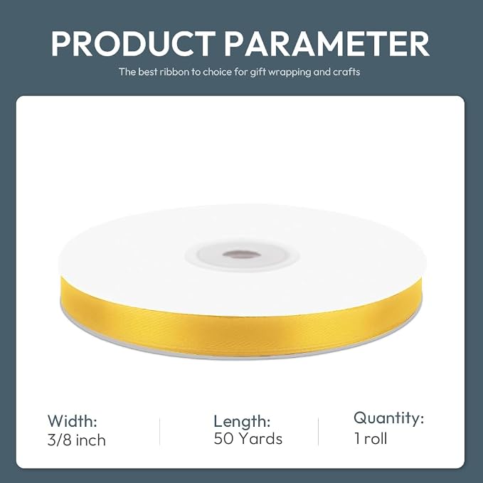 KMER LIFE 3/8" Wide x 50 Yards Yellow Single Faced Polyester Satin Ribbon - Image 2