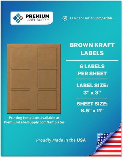 Premium Label Supply Brown Kraft Sticker Square Labels – 3" x 3" – Laser/Inkjet by PremiumLabelSupply