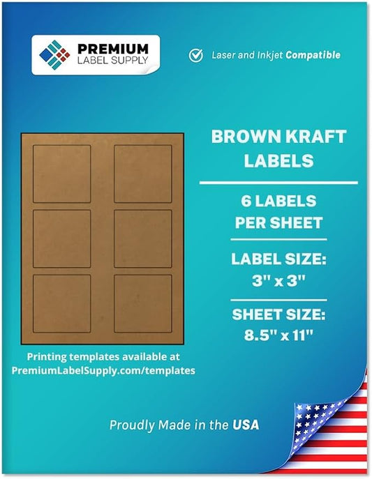 Premium Label Supply Brown Kraft Sticker Square Labels – 3" x 3" – Laser/Inkjet by PremiumLabelSupply