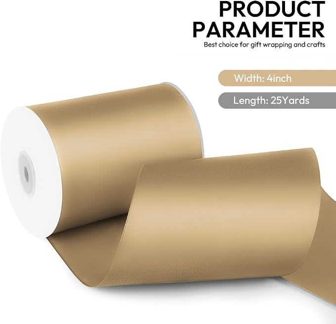 4 Inch 25 Yard Wide Satin Ribbon Champagne Gold, Solid Fabric Large Ribbon Roll - Image 2