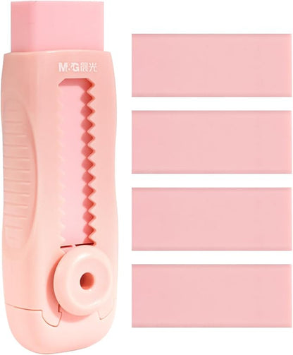 M&G 4+1 Pack Rubber Pink Erasers Sliding Retractable Eraser, Soft Cute Erasers by MG